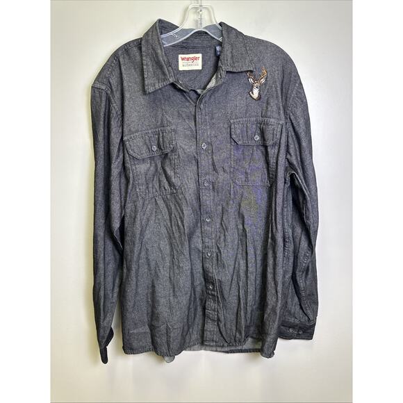 VTG Wrangler Authentic Button Down L Black Chambray Denim Embroidered Deer Rare - Picture 1 of 7